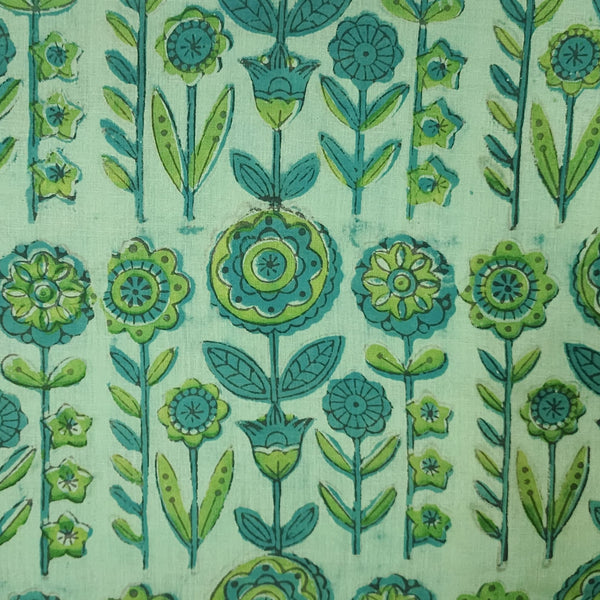 Pure Cotton Vanaspati Rust Green With Big Flower Motif Hand Block Print Fabric