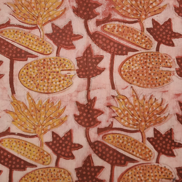 Pure Cotton Vanaspati Rust With Orange Lotus Jaal Hand Block Print Fabric