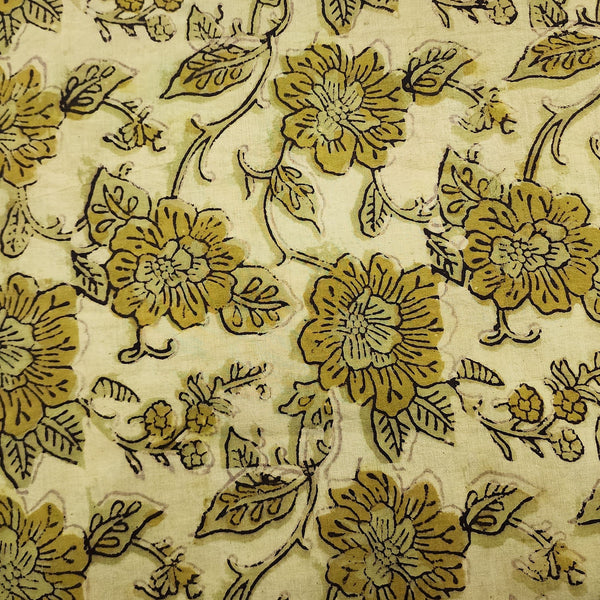 Pure Cotton Vanaspati Sandy Brown Big Wild Flower Jaal Hand Block Print Fabric