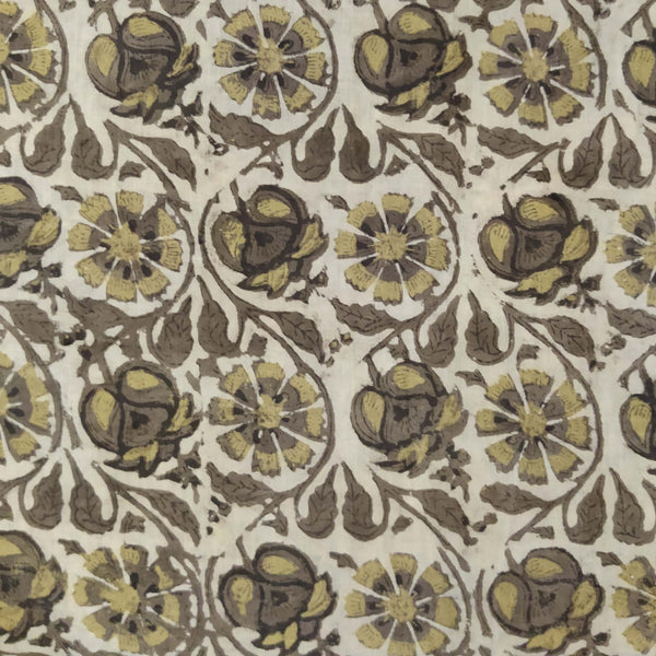 ( Pre-Cut 1.95 Meter ) Pure Cotton Vanaspati Sandy With Brown And Sandy Floral Jaal Hand Block Print Fabric