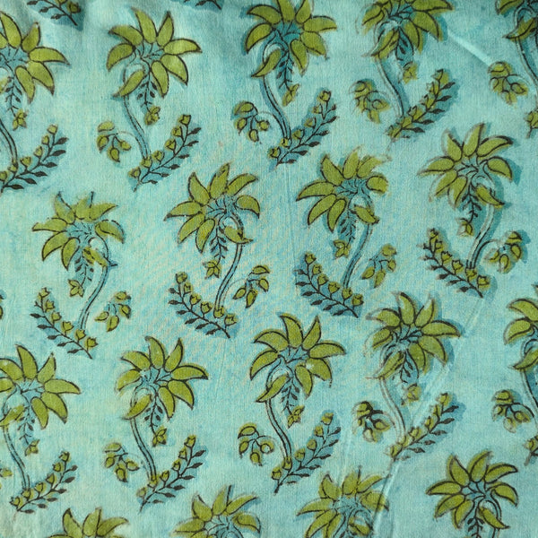 Pure Cotton Vansapati Blue With Green With Coconut Tree Motif Hand Block Print Fabric