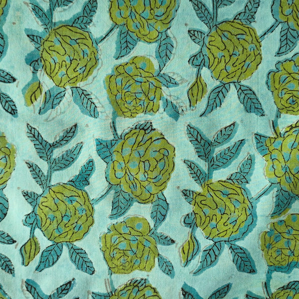 Pure Cotton Vansapati Blue With Green With Rose Jaal Hand Block Print Fabric