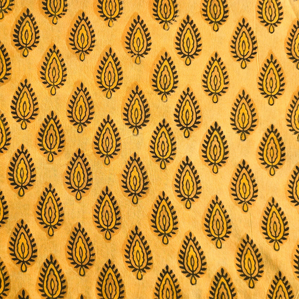 Pure Cotton Vansapati Dark Mustard With Leaves Motif Hand Block Print Fabric