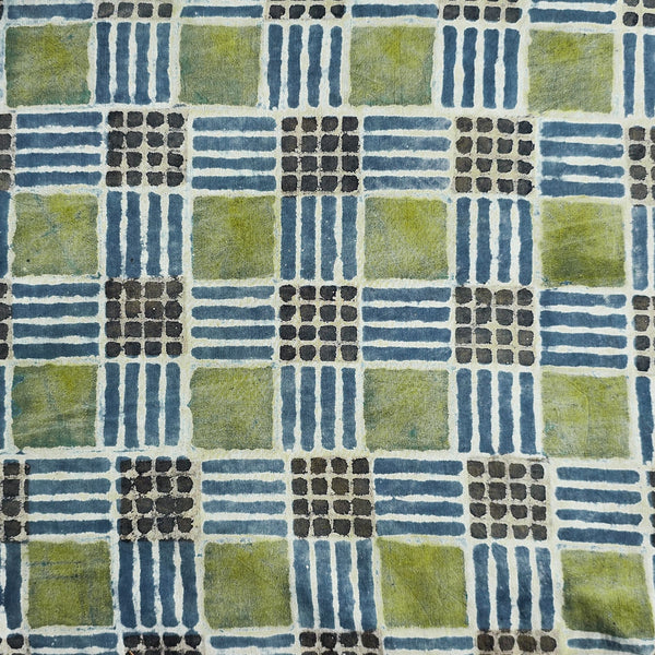 Pure Cotton Vansapati Green With Blue Checks Hand Block Print Fabric