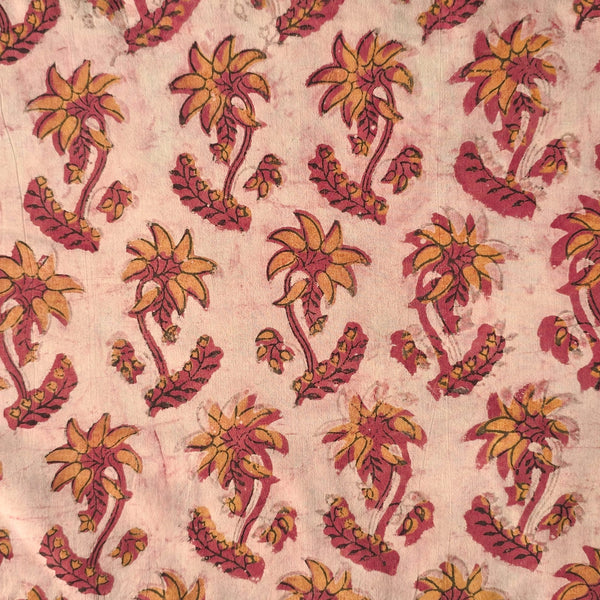 Pure Cotton Vansapati Pink With Coconut Tree Motif Hand Block Print Fabric