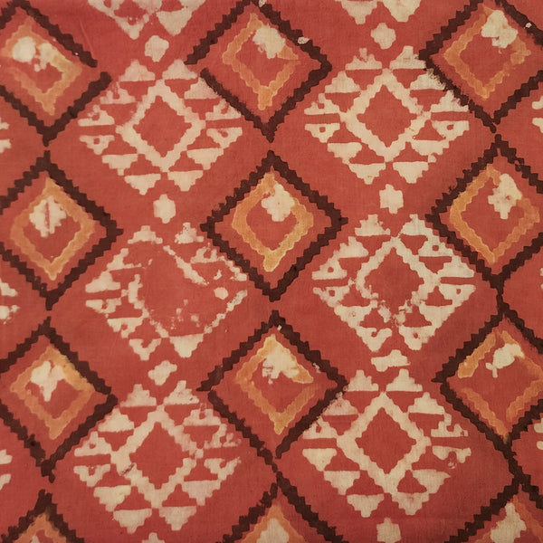 Pure Cotton Vansapati Rust Orange With Cream And Brown Triangle Hand Block Print Fabric