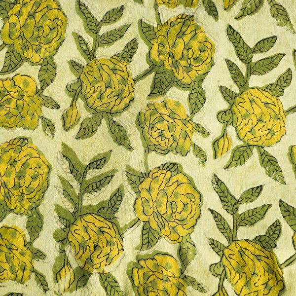 Pure Cotton Vansapati Yellowish With Green And Yellow Rose Jaal Hand Block Print Fabric