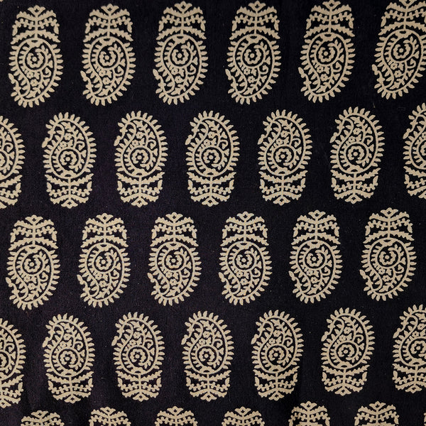 (Pre-Cut 1.60 Meter) Pure Cotton Vegetable Dyed Black With Cream Big Fat Kairi Motif Hand Block Print Fabric