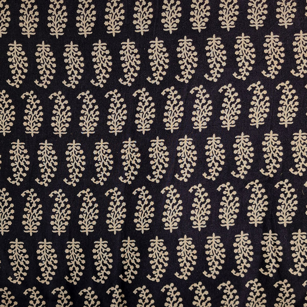 Pure Cotton Vegetable Dyed Black With Cream Small Kairi Motif Hand Block Print Fabric