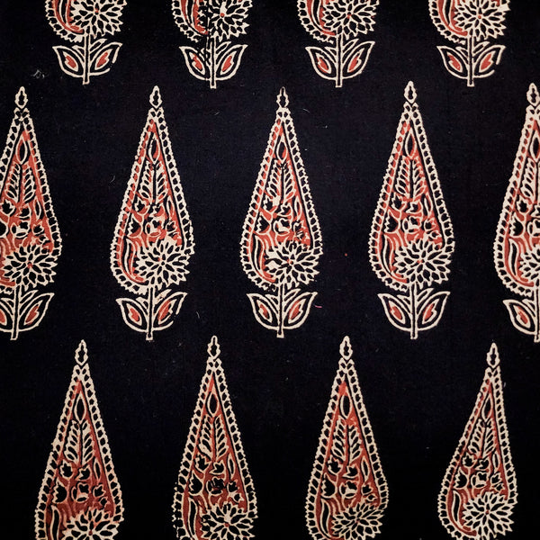 Pure Cotton Vegetable Dyed Ajrak Black With Cream And Rust  Big Leafs Motifs  Hand Block Print Fabric