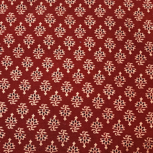 Pure Cotton Vegetable Dyed Ajrak Rust With Cream Intricate Lotus Flower Motif  Hand Block Print Fabric