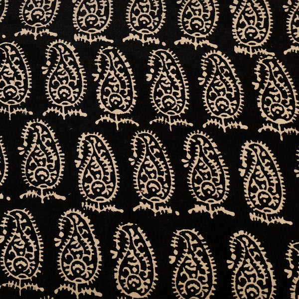 Pure Cotton Vegetable Dyed Ajrak With  Black And Cream Big Kairi Motif Hand Block Print Fabric