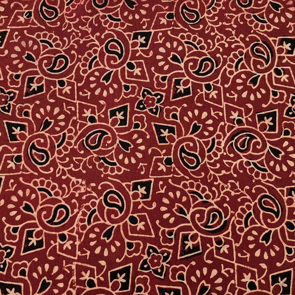 Pure Cotton Vegetable Dyed Ajrak With Rust Red And Black Flower Intricate Design Hand Block Print Fabric