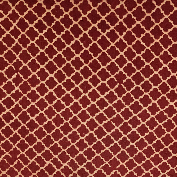 Pure Cotton Vegetable Dyed Ajrak With Rust Red And Cream Jaal Hand Block Print Fabric