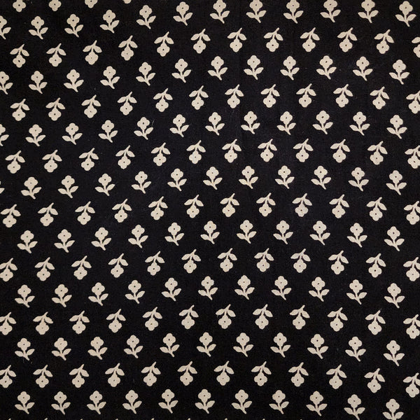 Pre-cut 2.20 meter Pure Cotton Vegetable Dyed Black With Tiny Cream Motifs Hand Block Print Fabric