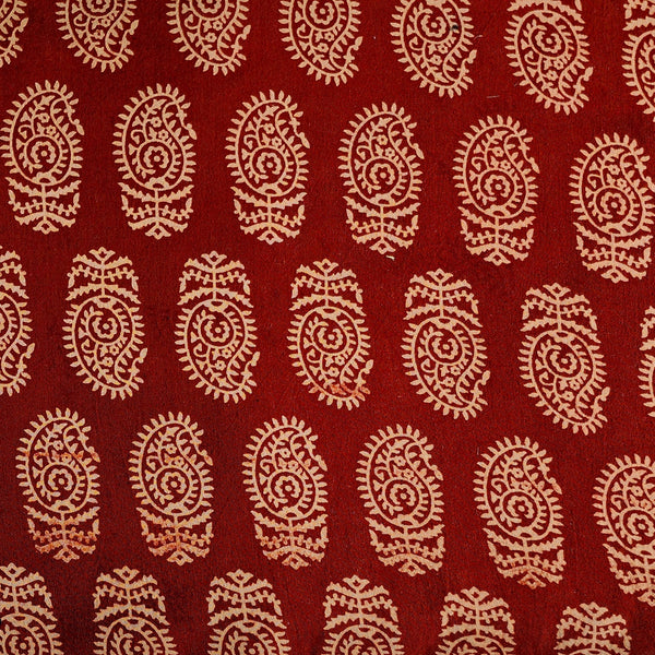 Pure Cotton Vegetable Dyed  Rust Red With Cream Fat Kairi Motif Hand Block Print Fabric