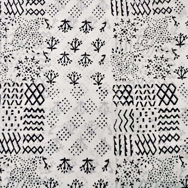 Pure Cotton White And Black Different Patches Block Hand Block Print Fabric