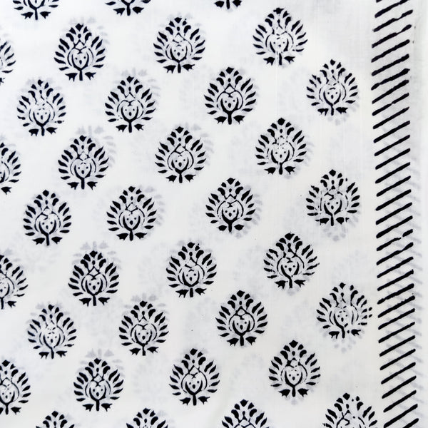 Pure Cotton White And Black Flower Buds Motifs Hand Block Print Fabric