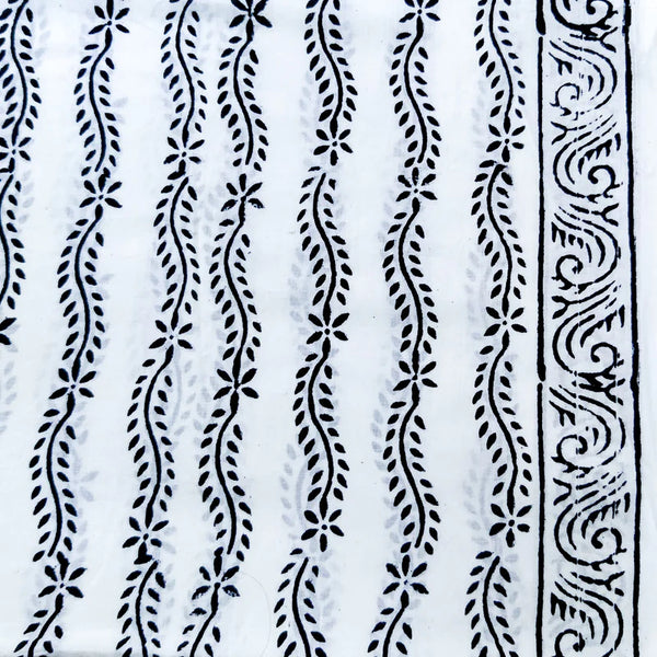 (Pre-Cut 2.25 Meter) Pure Cotton White And Black Flower Creeper Hand Block Print Fabric