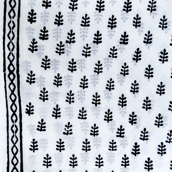 ( PRE-CUT 2.35 METER ) Pure Cotton White And Black Tiny Leaf Motifs Hand Block Print Fabric