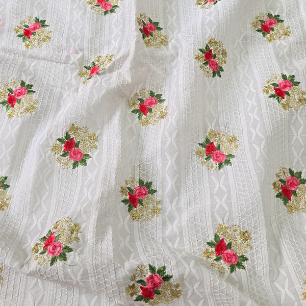 Pure Cotton White And Pink And Green Emboiderey Fabric