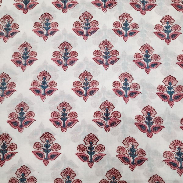 ( Pre-Cut 2.25 Meter ) Pure Cotton White Jaipuri With Baby Pink Flower Motif Hand Block Print Fabric