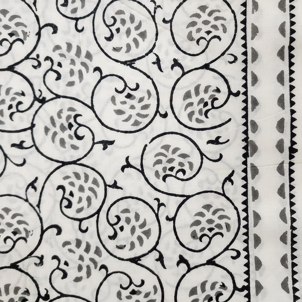 Pure Cotton White With Back  Grey Fruit Jaal Hand Block Print Fabric