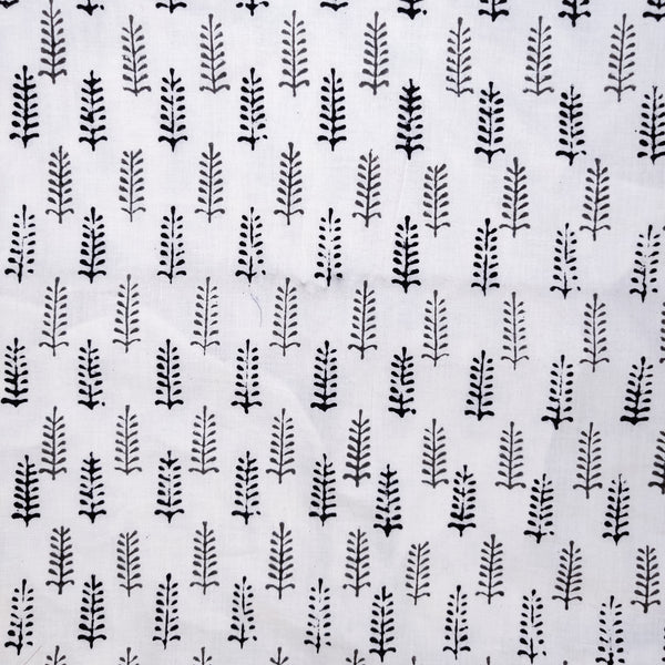 (Pre-Cut 1.80 Meter ) Pure Cotton White With Black And Grey Fern Motifs Hand Block Print Fabric