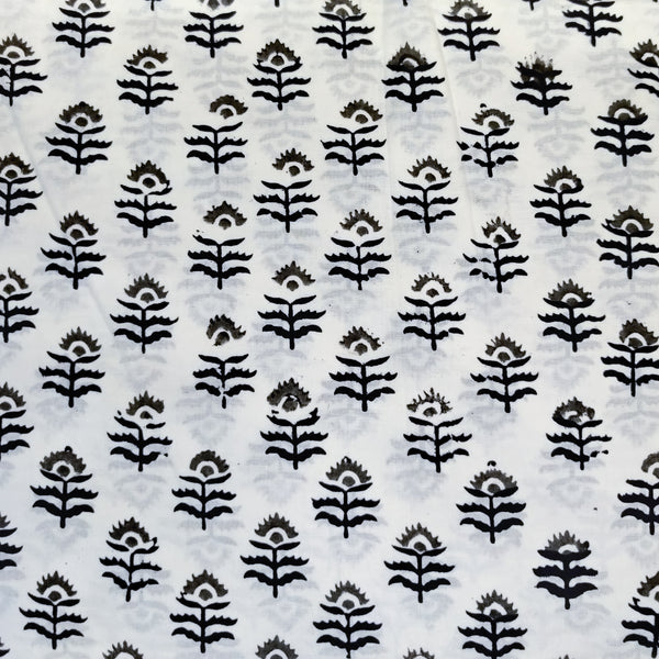 ( Pre-Cut 1 Meter ) Pure Cotton White With Black And Grey Floral Motifs Hand Block Print Fabric