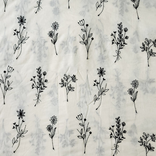 ( Width 43 Inches )Cotton White With Black Assorted Flower Plants Embroidered Fabric