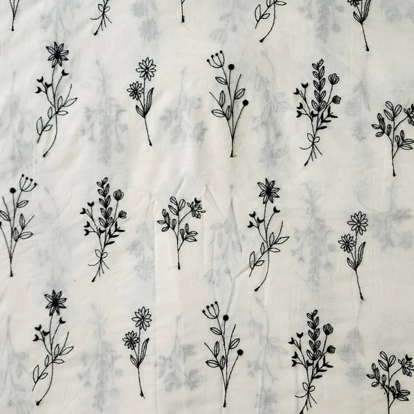 ( PRE-CUT 1.67 METER ) ( Width 43 Inches )Cotton White With Black Assorted Flower Plants Embroidered Fabric