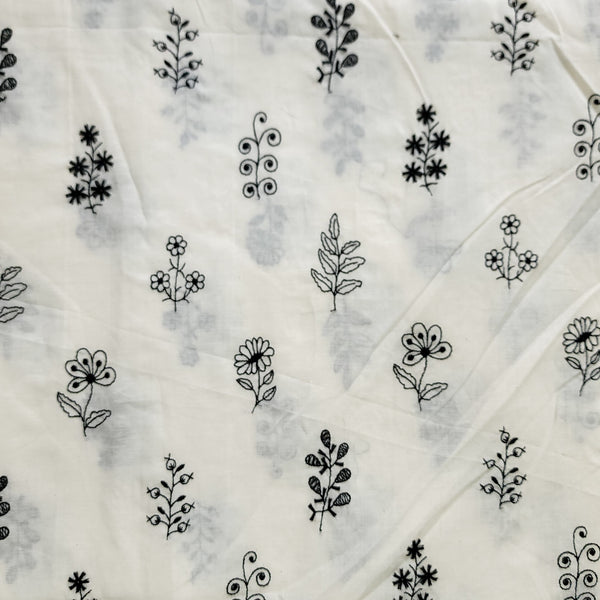 ( Width 44 Inches )Pure Cotton White With Black Assorted Plants Embroidered Fabric