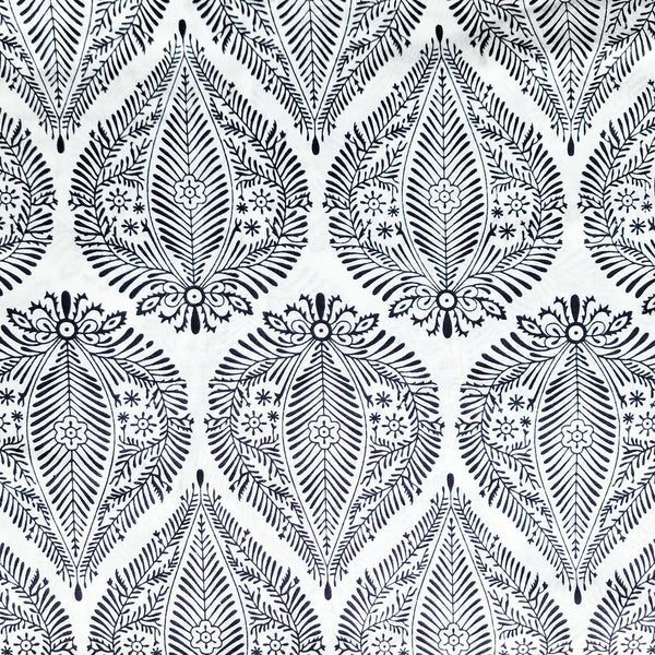 Pure Cotton White With Black Big   Leaf Motif Screen Print Fabric