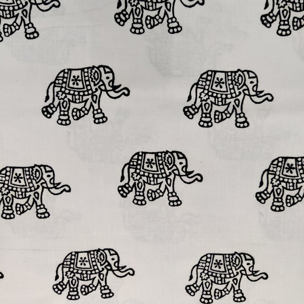 Pre-Cut 1.85 Meter Pure Cotton White With Black Elephant Hand Block Print Fabric