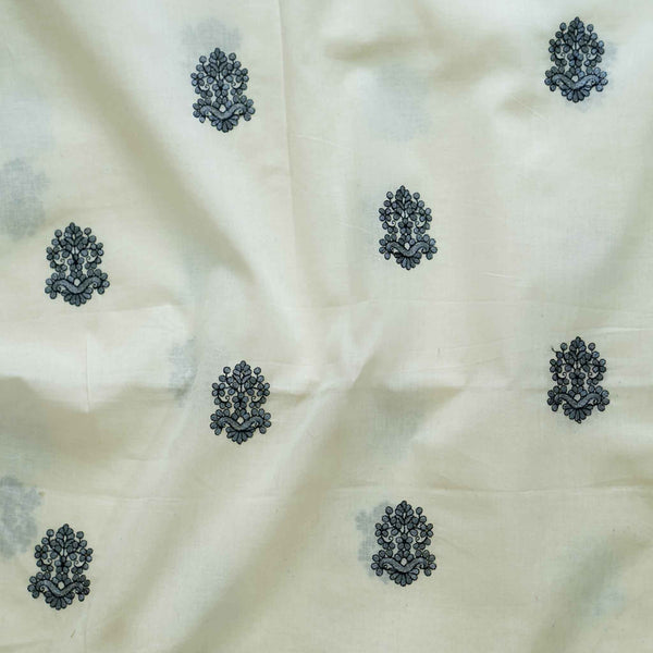 Pure Cotton White With Black Flower Motif Hand Embroidery  Fabric