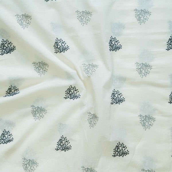 Pure Cotton White With Black Grass Motifs Hand Embroidery Fabric