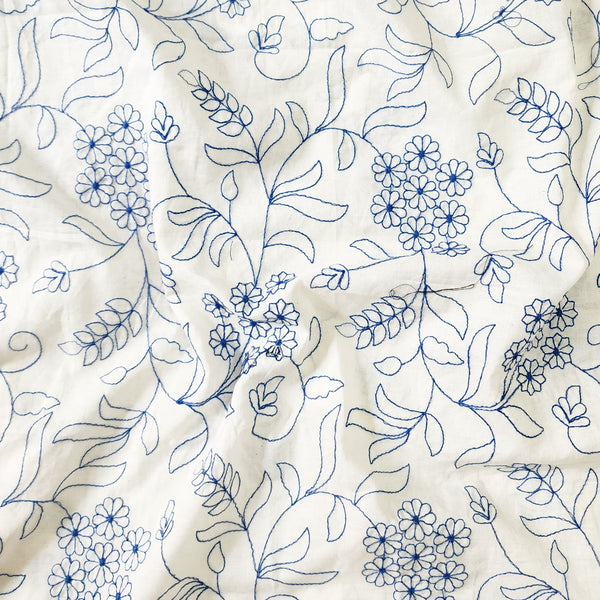 ( Width 43 Inches ) Pure Cotton White With Blue Assorted Flower Jaal Embroidered Fabric