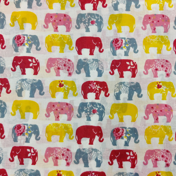 Pure Cotton White With Different Colour Elephant Screen Print Fabric