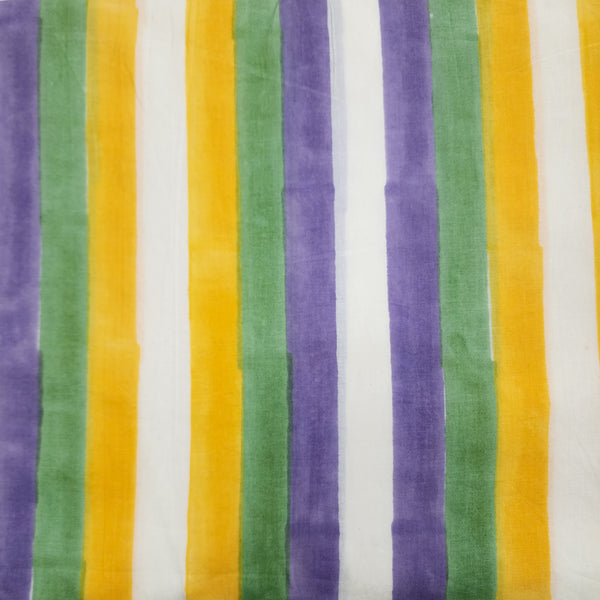 Pre Cut (1.60 Meter) Pure Cotton White With Green And Yellow And Purple Stripes Jaipuri Hand Block Print Fabric