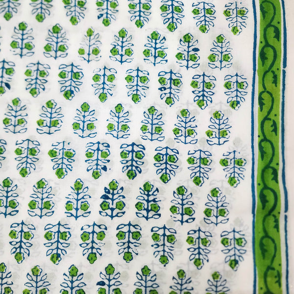 Pre-cut 2.25 meter Pure Cotton White With Green Three Flower Plant Hand Block Print Fabric