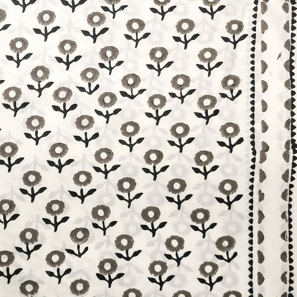 Pure Cotton White With Grey And Black Flower Bud Hand Block Print Fabric