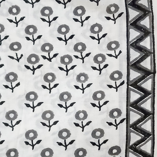 Pure Cotton White With Grey Black Buds Motif Hand Block Print Fabric