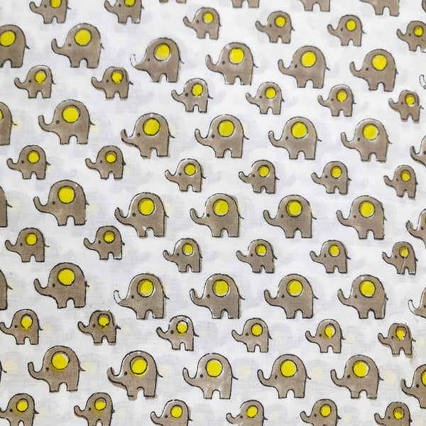 Pre Cut (1.55 Meter) Pure Cotton White With Grey Cartoon Elephant Hand Block Print Fabric