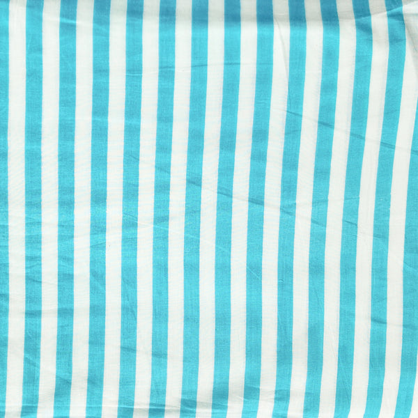 Pure Cotton White With  Light Blue Fat Stripes Screen Print Fabric