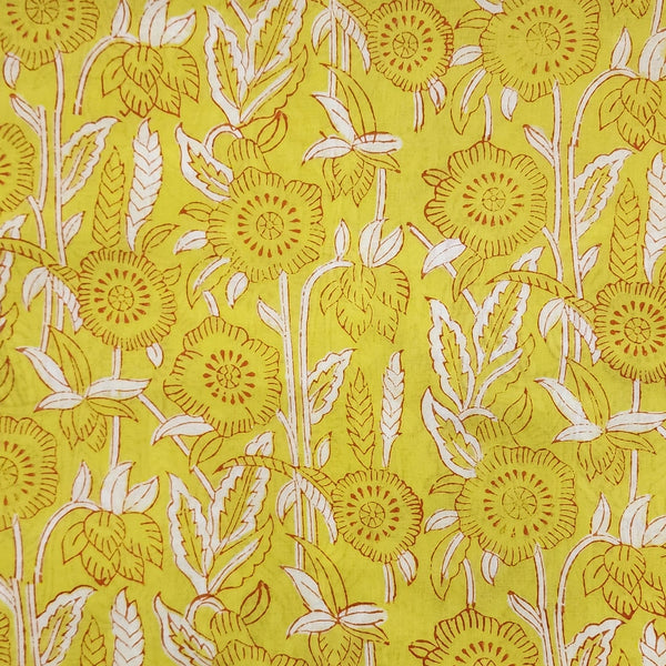 Pure Cotton White With Light Yellow Jaipuri With Geranium Flowers Hand Block Print Fabric