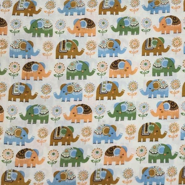 Pure Cotton White With Orange And Blue And Green Elephant Screen Print Fabric