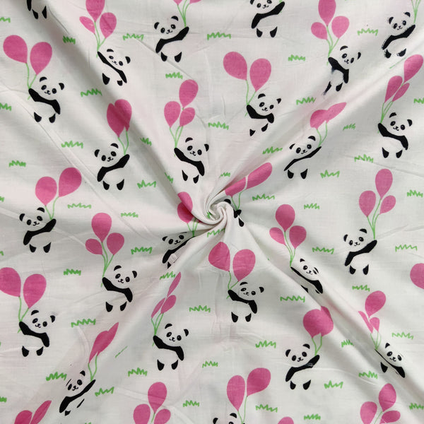 ( Pre-Cut 2.20 Meter ) Pure Cotton White With Panda Screenprint Fabric