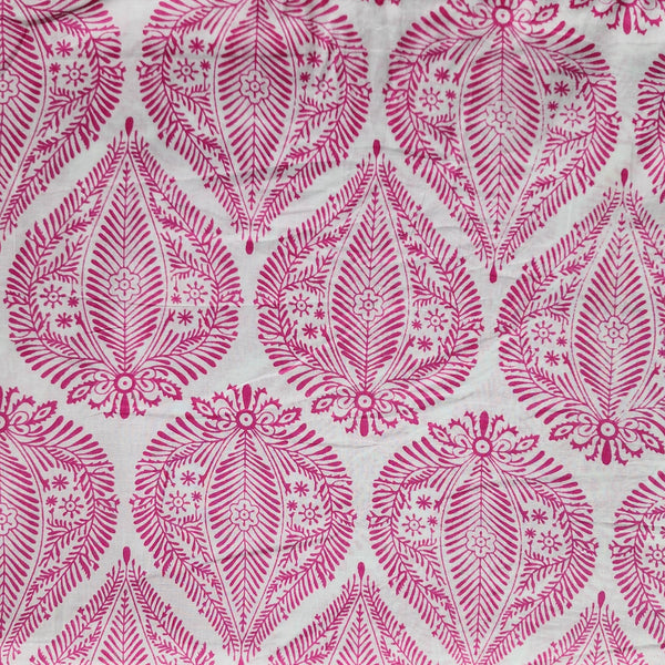 Pure Cotton White With Pink Big Leaf Motif Screen Print Fabric