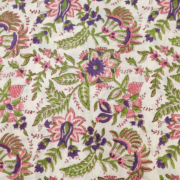 Pure Cotton White With Pink Purple Jaal Hand Block Print Fabric