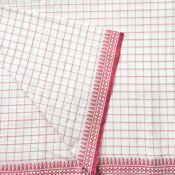 Pure Cotton White With Red Checks With Temple Border Woven Fabric